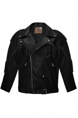 Куртка косуха "Лэйни" черная, с бахромой, эко-кожа