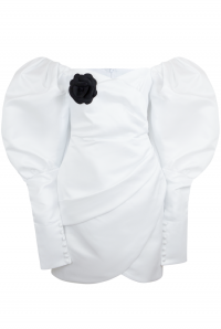 Платье &quot;Трикси&quot; белое, атлас (шелк), рукава фонарики, с манжетами + брошь