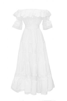 Платье "Бэллэйр" белое, хлопок, с воланами и кружевом, макси