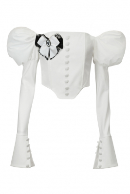 Блуза - топ - корсет "Бруно" белая, рукава фонарики, брошь, с манжетами и пуговицами