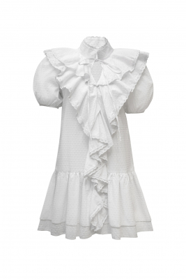 Платье "Тринис" белое, хлопок в горошек, с воланом 