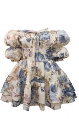 Платье "Барби" молочное, серо-голубой цветочный принт, с воланами по юбке, мини