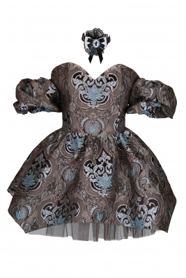 Платье "Версаль" шоколадно - бирюзовое, атлас, вышивка, вензеля, мини