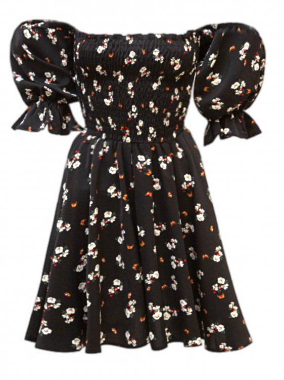 Платье "Эви" черное, цветочный принт, пошив верха "венгерка", мини