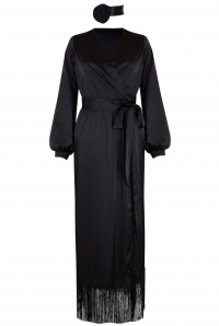 Платье &quot;Руфина&quot;, миди, чёрное, атласное с бахрамой, на запах, футляр