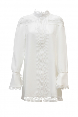 Платье "Глэнис" белое, стойка воротник, широкие манжеты, с кружевом