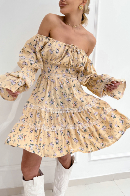 Платье "Венеция" бежевое, цветочный принт, с кружевом