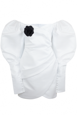Платье "Трикси" белое, атлас (шелк), рукава фонарики, с манжетами + брошь
