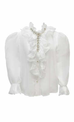Блуза "Линдси" белая, шифон, с жемчугом и стразами-стеклярусом и с воланами