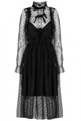 Платье "Молла", черное, фатин в горошек, прозрачное, миди