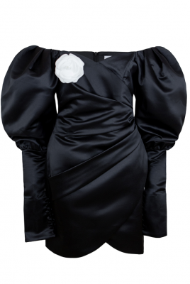 Платье "Трикси" черное, атлас (шелк), рукава фонарики, с манжетами + брошь