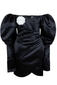 Платье &quot;Трикси&quot; черное, атлас (шелк), рукава фонарики, с манжетами + брошь