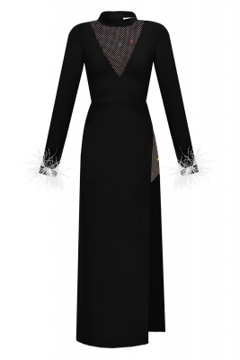 Платье "Амели" черное, со стразами и белыми перьями на рукавах, макси