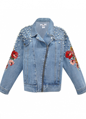 Куртка - косуха "Веста" голубая, джинсовая, на молнии, кутюр, с цветами