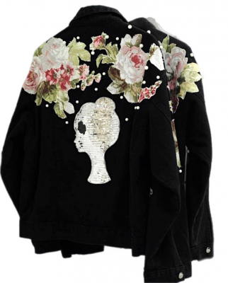 Куртка - косуха "Веста" черная, джинс, на молнии, кутюр, с цветами