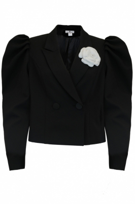 Пиджак - жакет "Даниэль" черный, укороченный, с брошью и декором из белого фатина и кружева