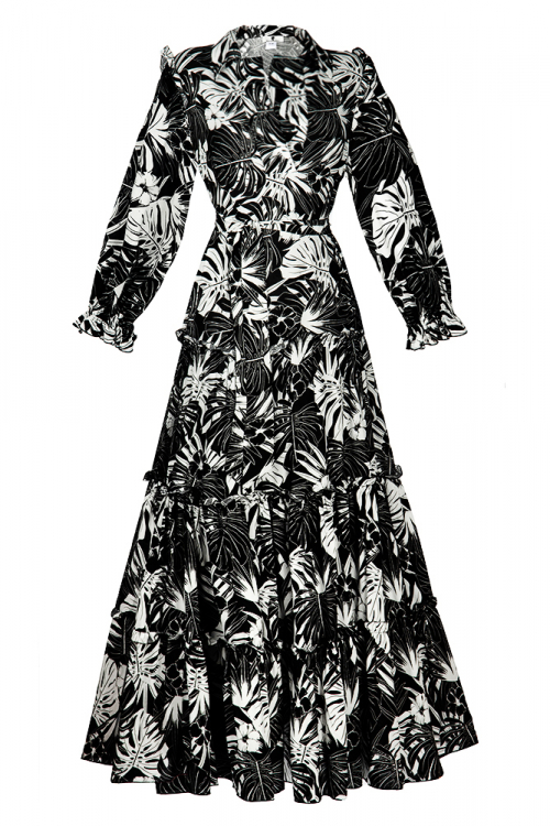 Платье "New Марика" черное, принт белый папоротник
