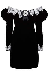 Платье &quot;Барокко&quot;, мини, чёрное, бархат, с белым кружевом, с брошью &quot;Камея&quot;, открытые плечи