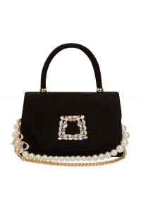 Сумка - клатч черная с брошью из страз, жемчуг