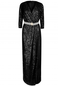 Платье &quot;Сисиль&quot;, макси, чёрное, на запах + пояс из жемчуга, пайетки