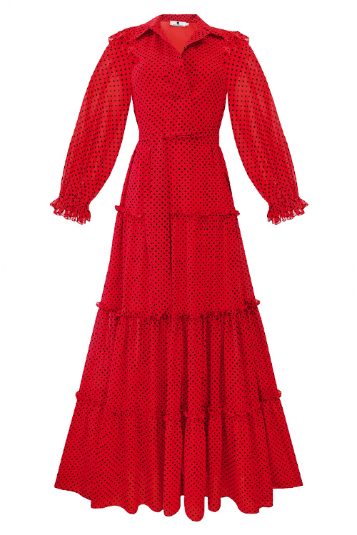 Платье "New Марика" красный шифон, черный горох