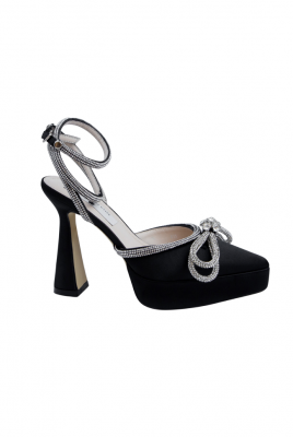 Туфли брошь "бант" из страз, черные, атласные, на платформе