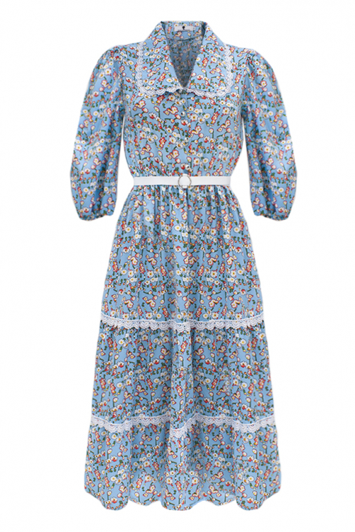 Платье "Тейла" голубое цветочный принт, с кружевом + пояс белый