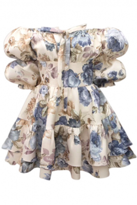 Платье "Барби" молочное, серо-голубой цветочный принт, с воланами по юбке, мини