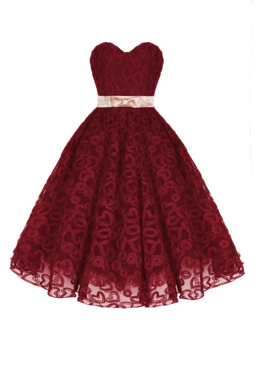 Платье "Лоренза" бордовое кружево, сердечки, миди
