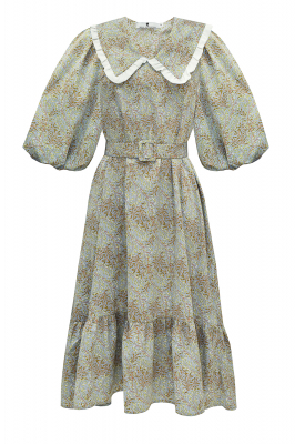 Платье "Рея" оливковое, принт "веточки", широкий воротник с белой каймой, миди