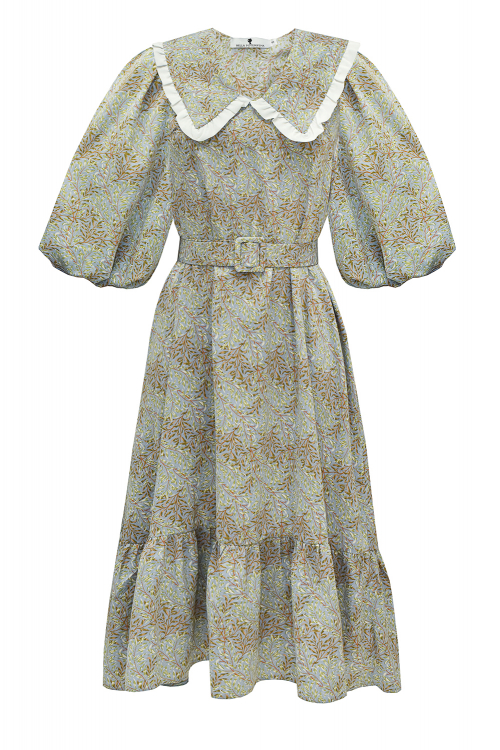 Платье "Рея" оливковое, принтованное, широкий воротник с белой каймой, миди