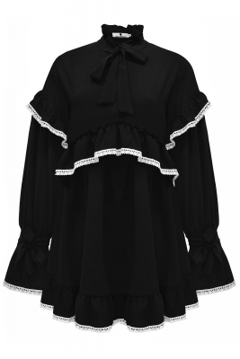 Платье "Вилора" черное, с белым кружевом из хлопка