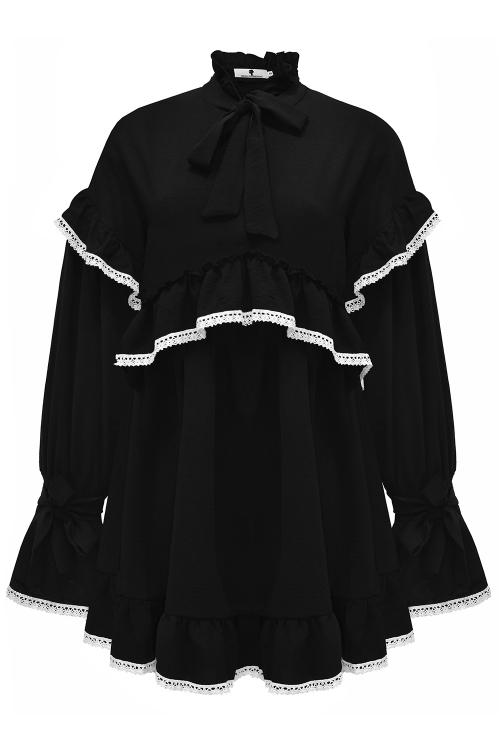 Платье "Вилора" черное, с белым кружевом из хлопка