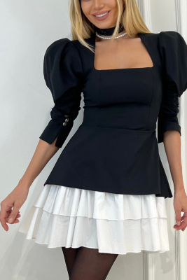 Платье "Эрна" черное, подол из белого хлопка