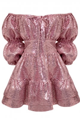 Платье "Барби" пудровое пайетки, с воланами по юбке, мини