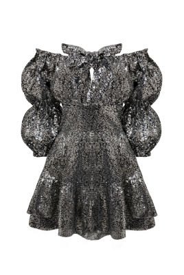 Платье "Барби" черное, серебристые пайетки, с воланами по юбке, мини