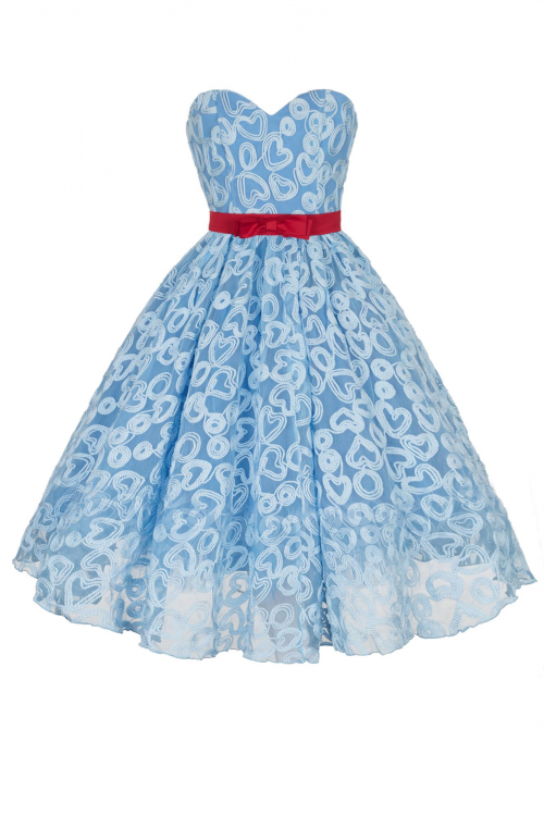 Платье "Лоренза" голубое кружево, сердечки, миди