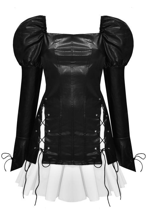 Комплект "Беатриса", платье черное из эко-кожи на завязках с белой юбкой