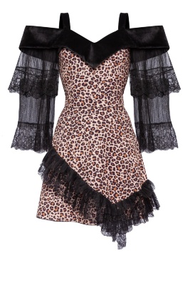 Платье "Эйден" бежевый леопард с бархатом и кружевом