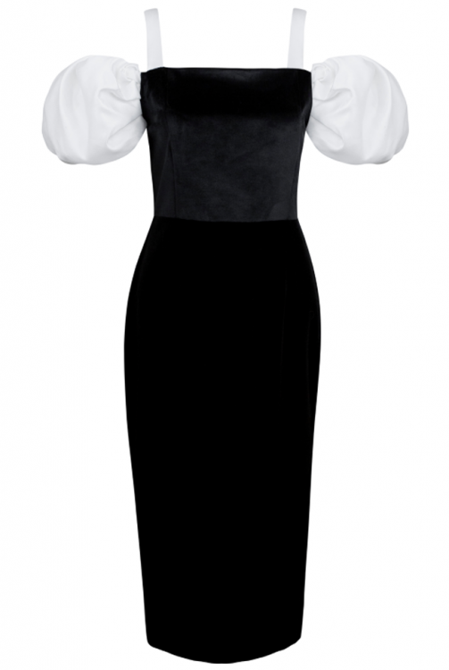 Платье "Офелия" черное, бархат, молочные рукава фонарики