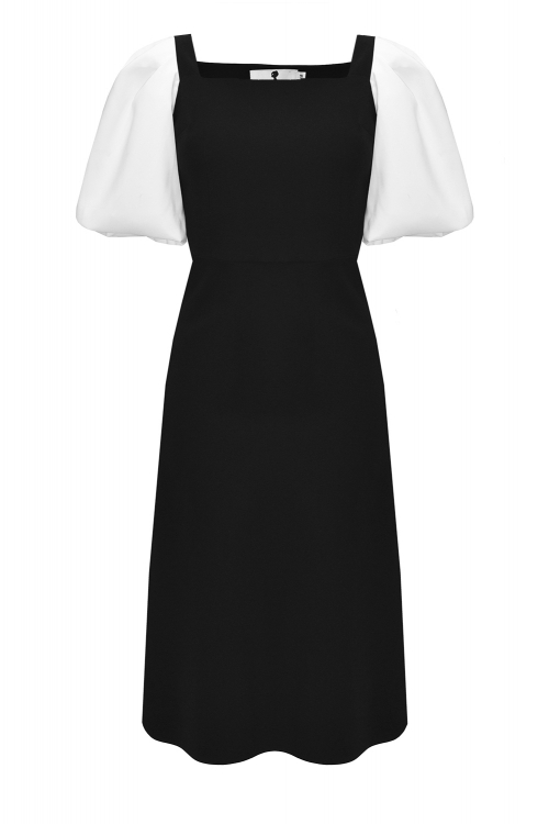 Платье "Ассанта" черное, миди с белыми рукавами 