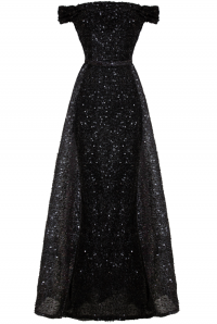 Платье "Оноре" макси, чёрное, пайетки + шлейф