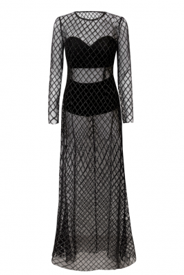 Платье "София" черное, с комплектом, фатин, ромбы серебро