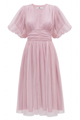 Платье "Изабелла" пудровое (нежно-розовое), фатин в точку, миди