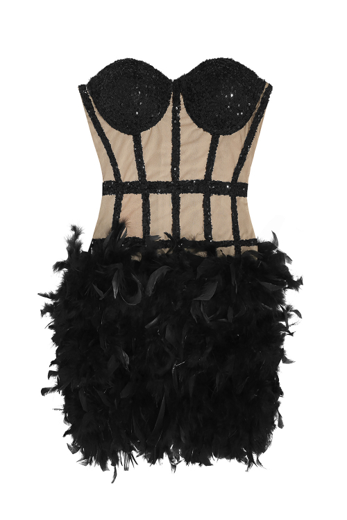 Платье "Иола" бежевое, с черными пайетками и перьями, мини