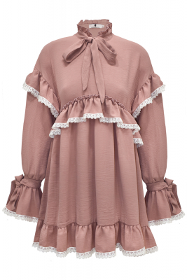 Платье "Вилора" пудровое (темно-розовое), с белым кружевом из хлопка