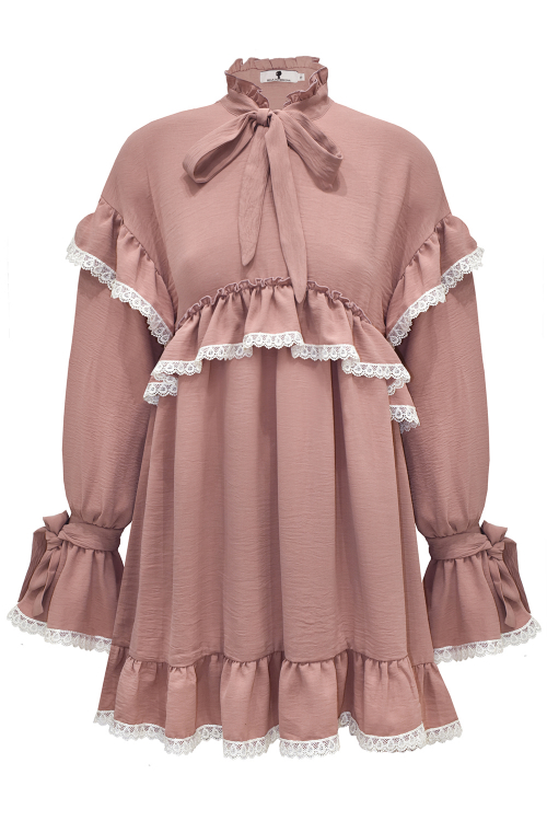 Платье "Вилора" пудровое (темно-розовое), с белым кружевом из хлопка
