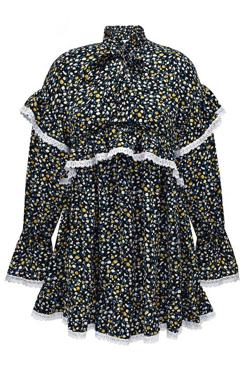 Платье "Виллетт" темно-синее, цветочный принт, с кружевом