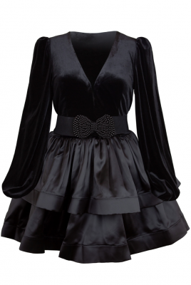Платье "Жузье", мини, чёрное, бархат, с атласом, ярусное, с валанами