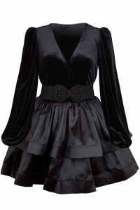 Платье &quot;Жузье&quot;, мини, чёрное, бархат, с атласом, ярусное, с валанами